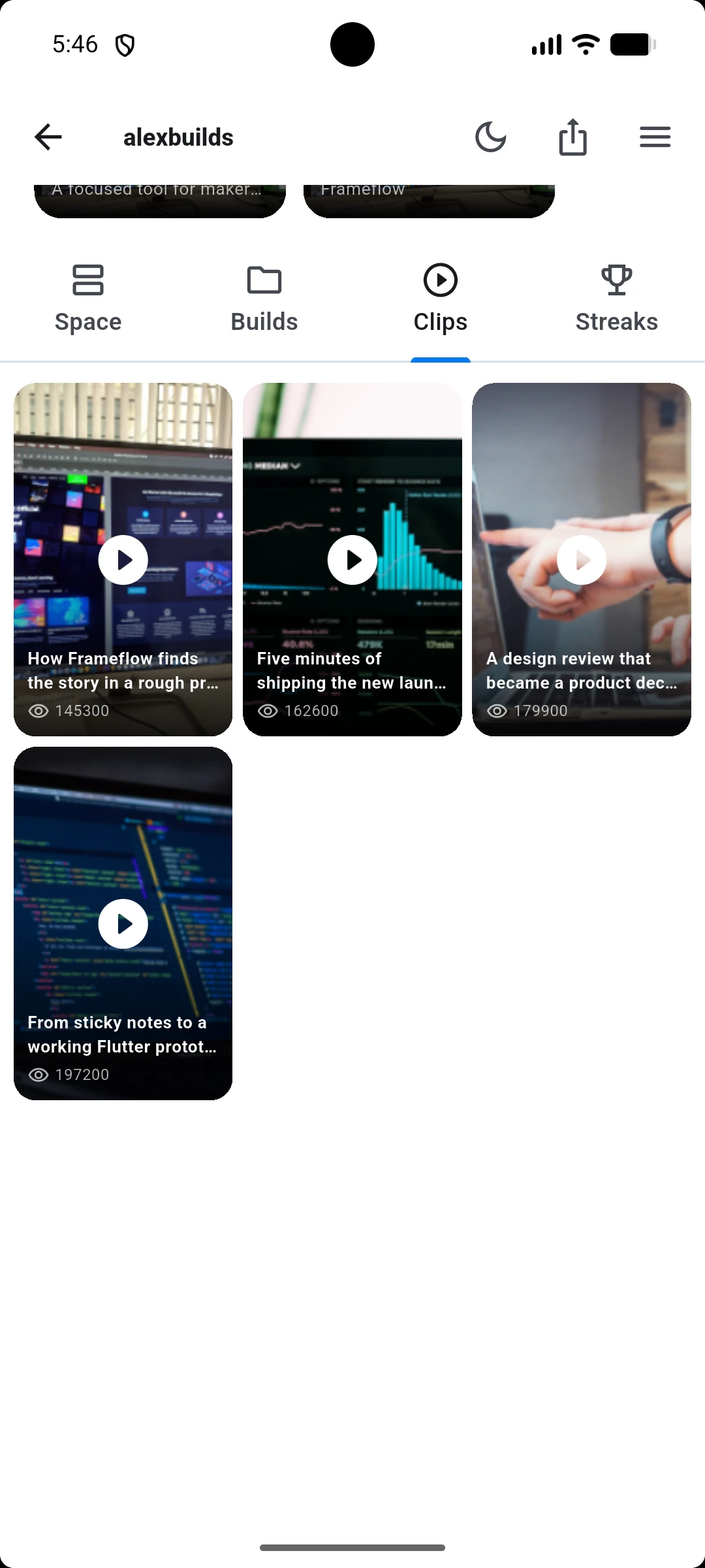 The real alexbuilds Clips tab with populated videos and view counts