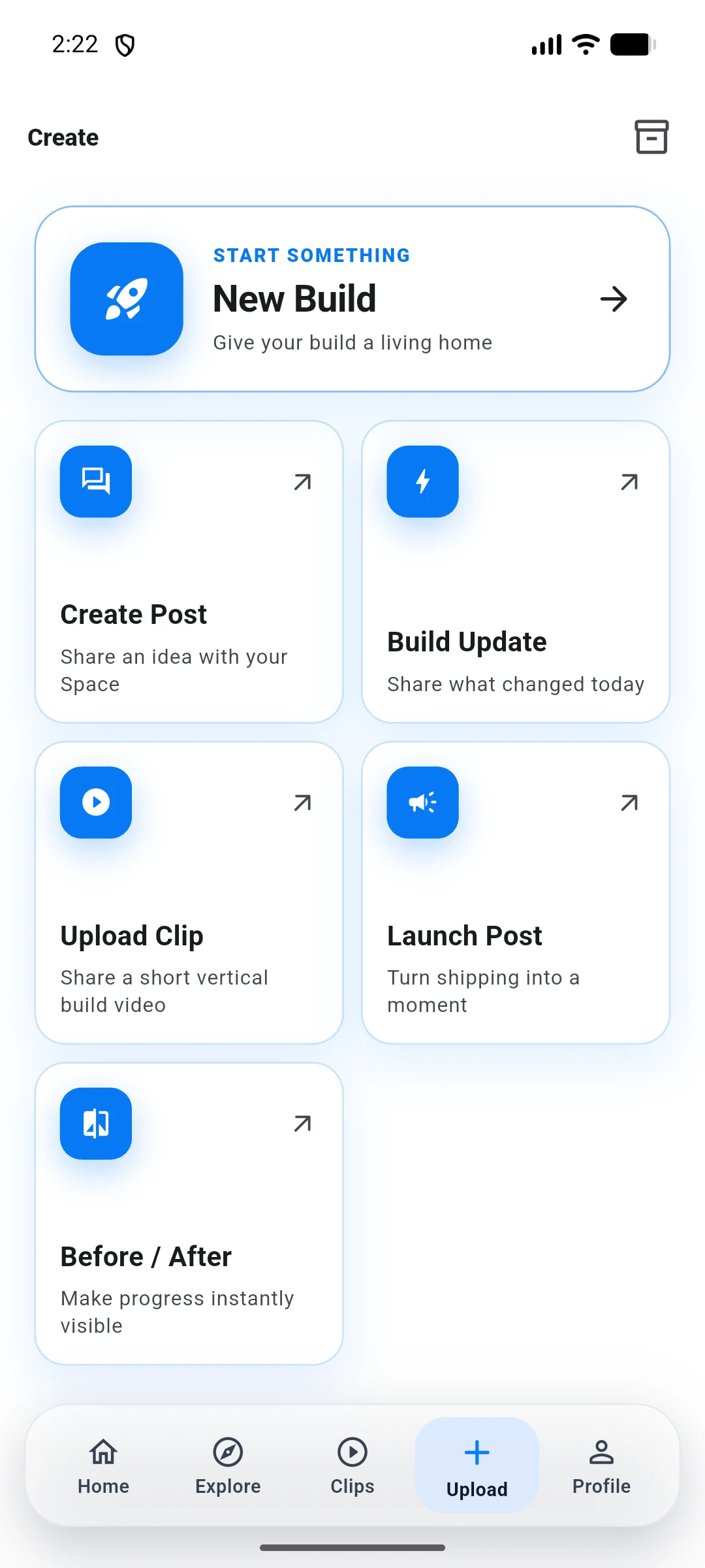 Showdek Create screen showing the current content choices
