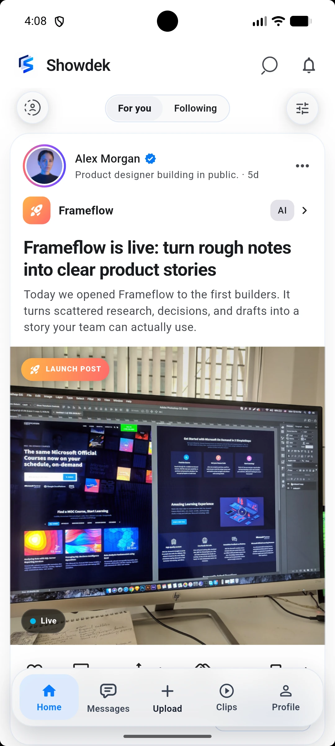 The real Showdek Home feed with an alexbuilds Frameflow launch post