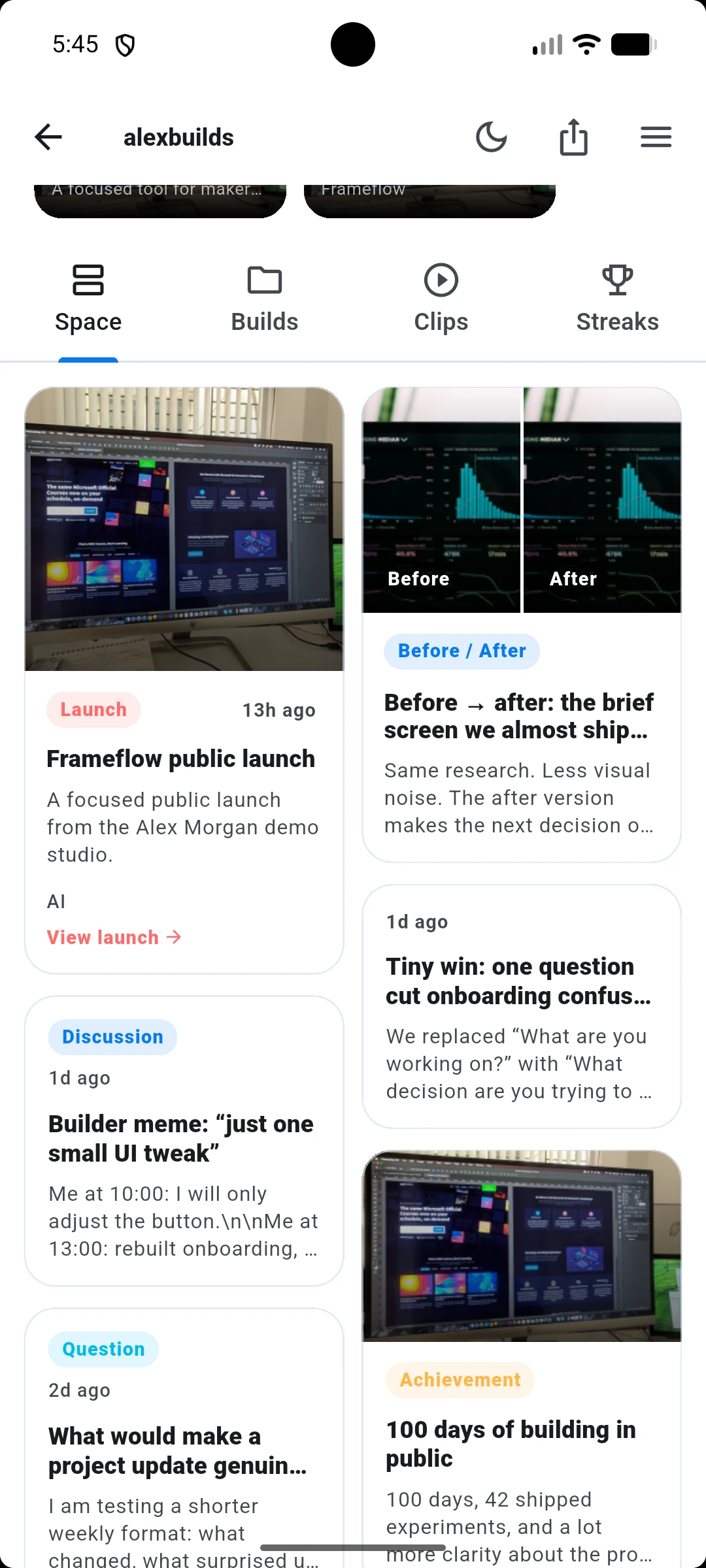 The updated real alexbuilds Space tab with project media and before-and-after progress